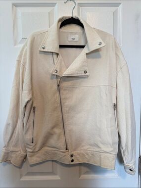 The Frankie Shop Oversized Cotton Linen Moto Jacket Cream One Size